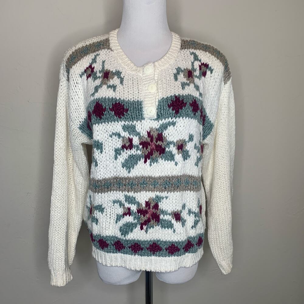 Knitted By Hand Vintage Henley Chunky Sweater Cottage Core Sz Small Cabin